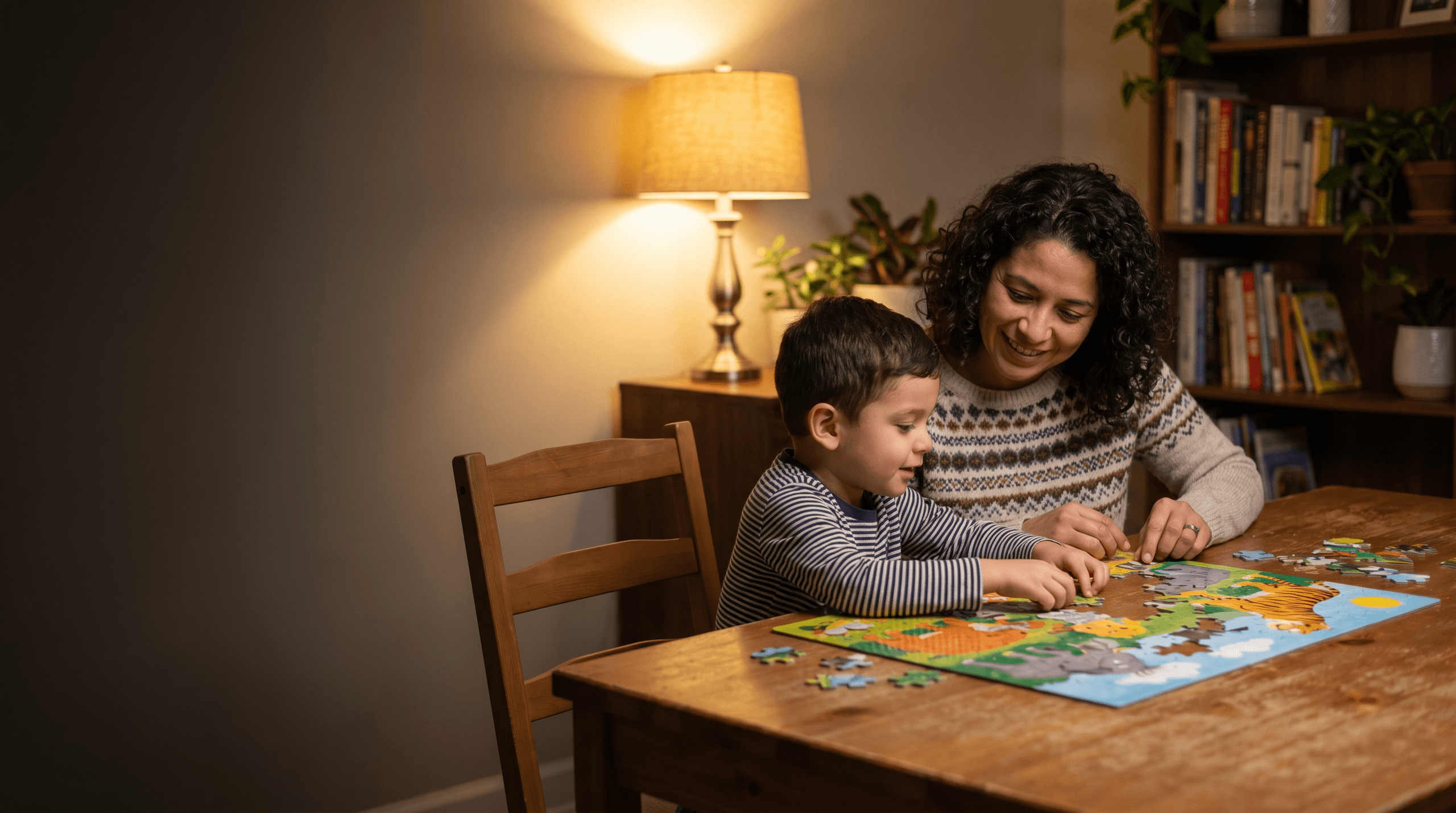 A parent and child doing a puzzle together at the kitchen table
